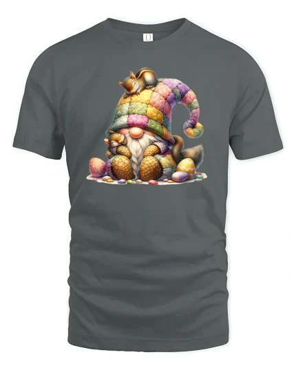 Cozy Gnome and Squirrel Tee - Cute Easter Egg T-Shirt - gray t-shirt on white background