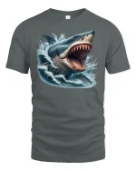 Great White Rage Tee - Fierce Shark Attack T-Shirt - gray t-shirt on white background
