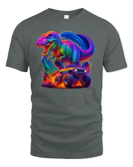 Neon T-Rex Monster Truck Tee - Epic Dino Power T-Shirt - gray t-shirt on white background