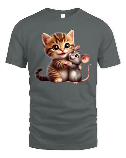 Cute Cat and Mouse Hug Tee - Adorable Friends T-Shirt - gray t-shirt on white background