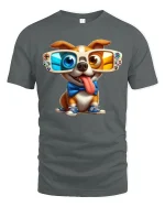Funny 3D Glasses Dog Tee - Cool Gamer Pup T-Shirt - gray t-shirt on white background
