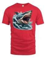 Great White Rage Tee - Fierce Shark Attack T-Shirt - red t-shirt on white background