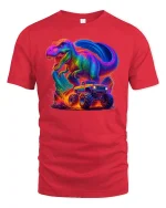 Neon T-Rex Monster Truck Tee - Epic Dino Power T-Shirt - red t-shirt on white background