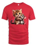 Cute Cat and Mouse Hug Tee - Adorable Friends T-Shirt - red t-shirt on white background