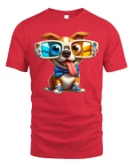 Funny 3D Glasses Dog Tee - Cool Gamer Pup T-Shirt - red t-shirt on white background