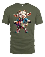 Cozy Goat Adventure Tee - Cute Colorful Animal T-Shirt - military green t-shirt on white background