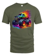 Neon Flame Monster Truck Tee - Cool Offroad Power T-Shirt - military green t-shirt on white background