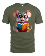 Bookworm Mouse Tee - Cute Reading Animal Lover T-Shirt - military green t-shirt on white background