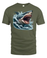Great White Rage Tee - Fierce Shark Attack T-Shirt - military green t-shirt on white background