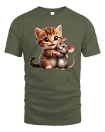 Cute Cat and Mouse Hug Tee - Adorable Friends T-Shirt - military green t-shirt on white background