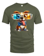 Funny 3D Glasses Dog Tee - Cool Gamer Pup T-Shirt - military green t-shirt on white background