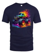 Neon Flame Monster Truck Tee - Cool Offroad Power T-Shirt - navy t-shirt on white background