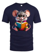 Bookworm Mouse Tee - Cute Reading Animal Lover T-Shirt - navy t-shirt on white background