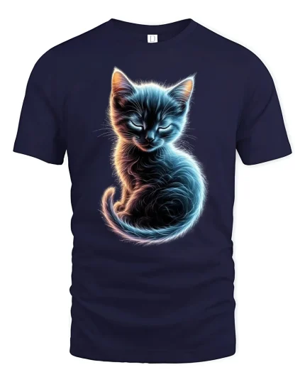 Glowing Neon Cat Tee - Cool Artistic Feline T-Shirt - navy t-shirt on white background
