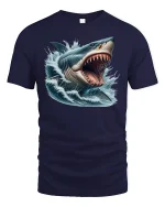 Great White Rage Tee - Fierce Shark Attack T-Shirt - navy t-shirt on white background