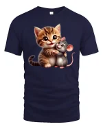 Cute Cat and Mouse Hug Tee - Adorable Friends T-Shirt - navy t-shirt on white background