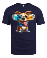 Funny 3D Glasses Dog Tee - Cool Gamer Pup T-Shirt - navy t-shirt on white background