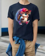 Cool Hedgehog Adventure Tee - Cute Backpack T-Shirt - model wearing navy tee with hands in pockets