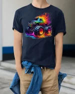 Neon Flame Monster Truck Tee - Cool Offroad Power T-Shirt - model wearing navy tee with hands in pockets
