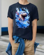 Ocean Fury Shark Tee - Bold Great White Attack T-Shirt - model wearing navy tee with hands in pockets