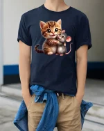 Cute Cat and Mouse Hug Tee - Adorable Friends T-Shirt - model wearing navy tee with hands in pockets