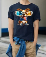 Funny 3D Glasses Dog Tee - Cool Gamer Pup T-Shirt - model wearing navy tee with hands in pockets