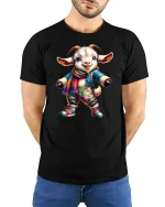 Cozy Goat Adventure Tee - Cute Colorful Animal T-Shirt - model wearing black tee with hands behind back