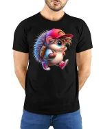 Cool Hedgehog Adventure Tee - Cute Backpack T-Shirt - model wearing black tee with hands behind back