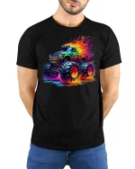 Neon Flame Monster Truck Tee - Cool Offroad Power T-Shirt - model wearing black tee with hands behind back