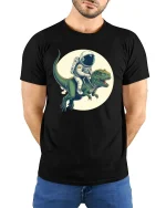 Space Explorer Dino Ride Tee - Funny Astronaut T-Shirt - model wearing black tee with hands behind back