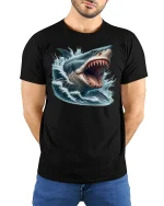 Great White Rage Tee - Fierce Shark Attack T-Shirt - model wearing black tee with hands behind back