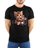Cute Cat and Mouse Hug Tee - Adorable Friends T-Shirt - model wearing black tee with hands behind back