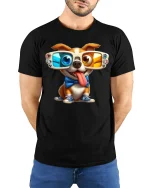 Funny 3D Glasses Dog Tee - Cool Gamer Pup T-Shirt - model wearing black tee with hands behind back