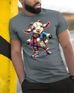 Cozy Goat Adventure Tee - Cute Colorful Animal T-Shirt - model wearing grey tee, leaning on column