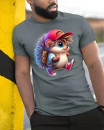 Cool Hedgehog Adventure Tee - Cute Backpack T-Shirt - model wearing grey tee, leaning on column