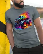 Neon Flame Monster Truck Tee - Cool Offroad Power T-Shirt - model wearing grey tee, leaning on column