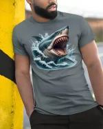 Great White Rage Tee - Fierce Shark Attack T-Shirt - model wearing grey tee, leaning on column