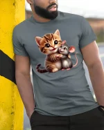 Cute Cat and Mouse Hug Tee - Adorable Friends T-Shirt - model wearing grey tee, leaning on column