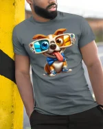 Funny 3D Glasses Dog Tee - Cool Gamer Pup T-Shirt - model wearing grey tee, leaning on column