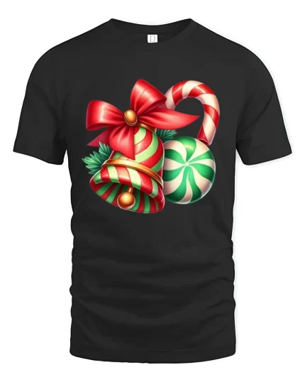 Festive Christmas Bells and Candy Cane Graphic T-Shirt Holiday - black t-shirt on white background