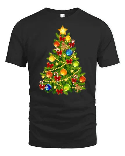 Bright Christmas Tree Ornaments Graphic T-Shirt Holiday Style - black t-shirt on white background