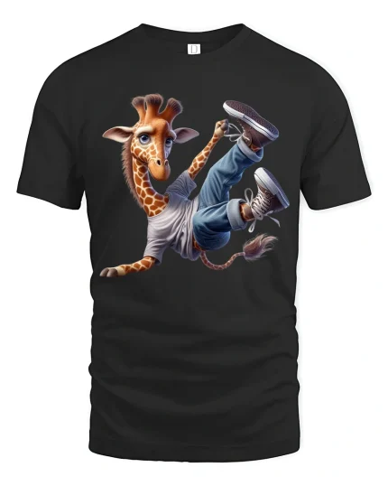 Cool Breakdancing Giraffe Cartoon Graphic T-Shirt for Fun Style - black t-shirt on white background