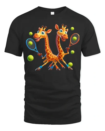 Funny Twin Giraffes Playing Tennis Graphic T-Shirt for Sports Fans - black t-shirt on white background