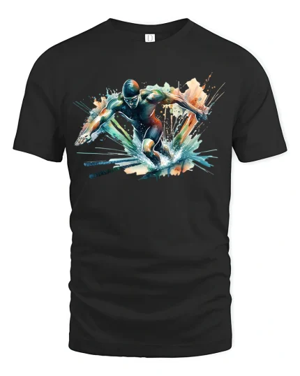 Dynamic Swimmer Splash Action Graphic T-Shirt for Sports Fans - black t-shirt on white background