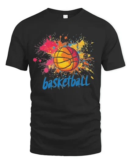 Color Splash Basketball Art Graphic T-Shirt - black t-shirt on white background