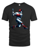 Dynamic Baseball Hitter Swing Action Graphic T-Shirt for Fans - black t-shirt on white background