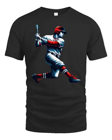 Dynamic Baseball Hitter Swing Action Graphic T-Shirt for Fans - black t-shirt on white background