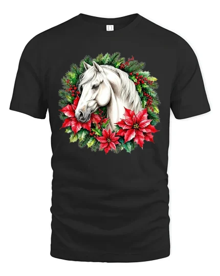 Christmas Horse Wreath Art Graphic T-Shirt Holiday Gift Idea - black t-shirt on white background