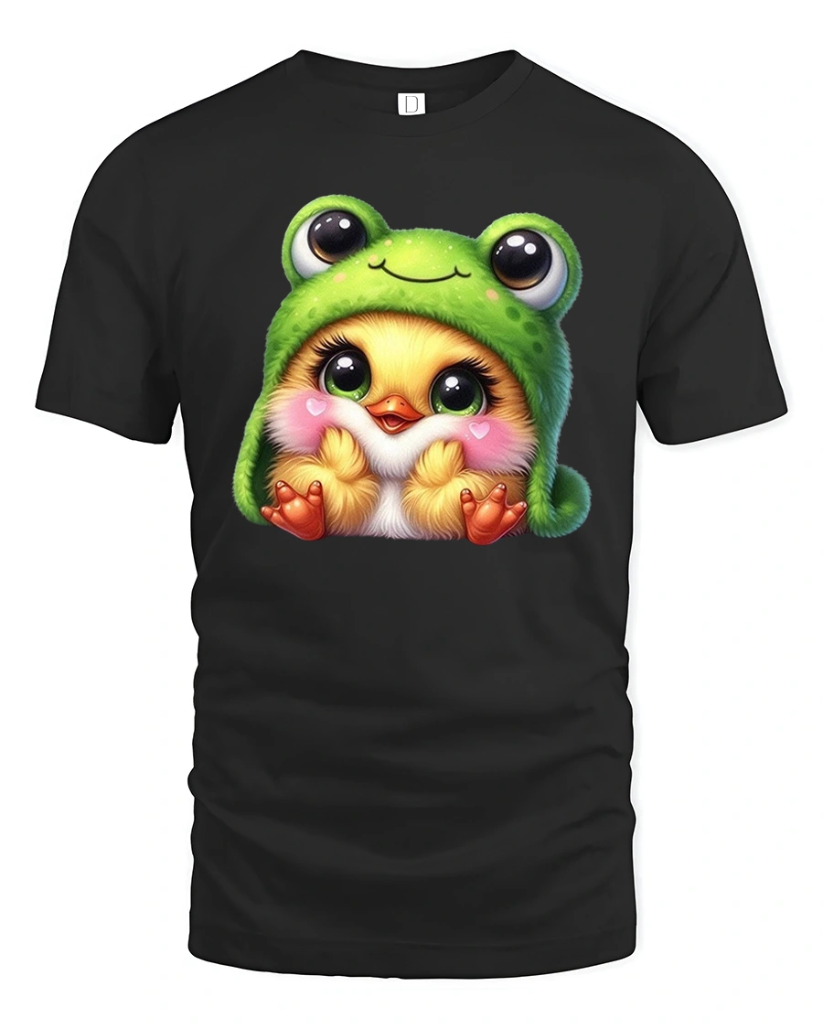 Cute Frog Hoodie Chick Art Graphic T-Shirt - 1 Cute Frog Hoodie Chick Art Graphic T-Shirt - black t-shirt on white background