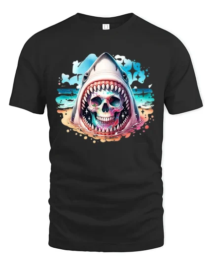 Neon Shark Skull Ocean Artwork Graphic T-Shirt for Beach Style - black t-shirt on white background